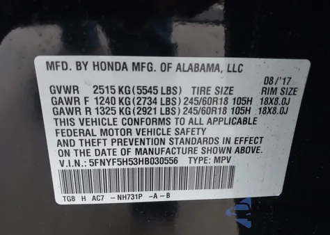 2017 Honda Pilot Ex-L z USA, uszkodzony, nr VIN 5FNYF5H53HB030556